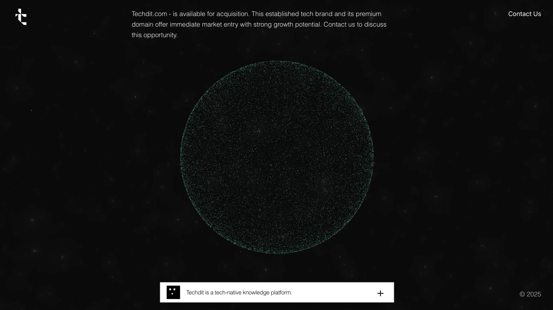 Techdit portfolio homepage with particle sphere